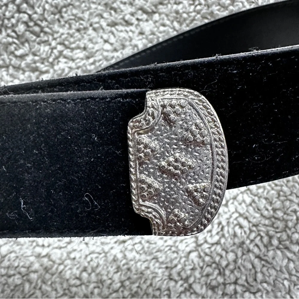 Black Velvet Light Weight Belt Vegan Western Silver Tone Ornate Buckle and Tip.